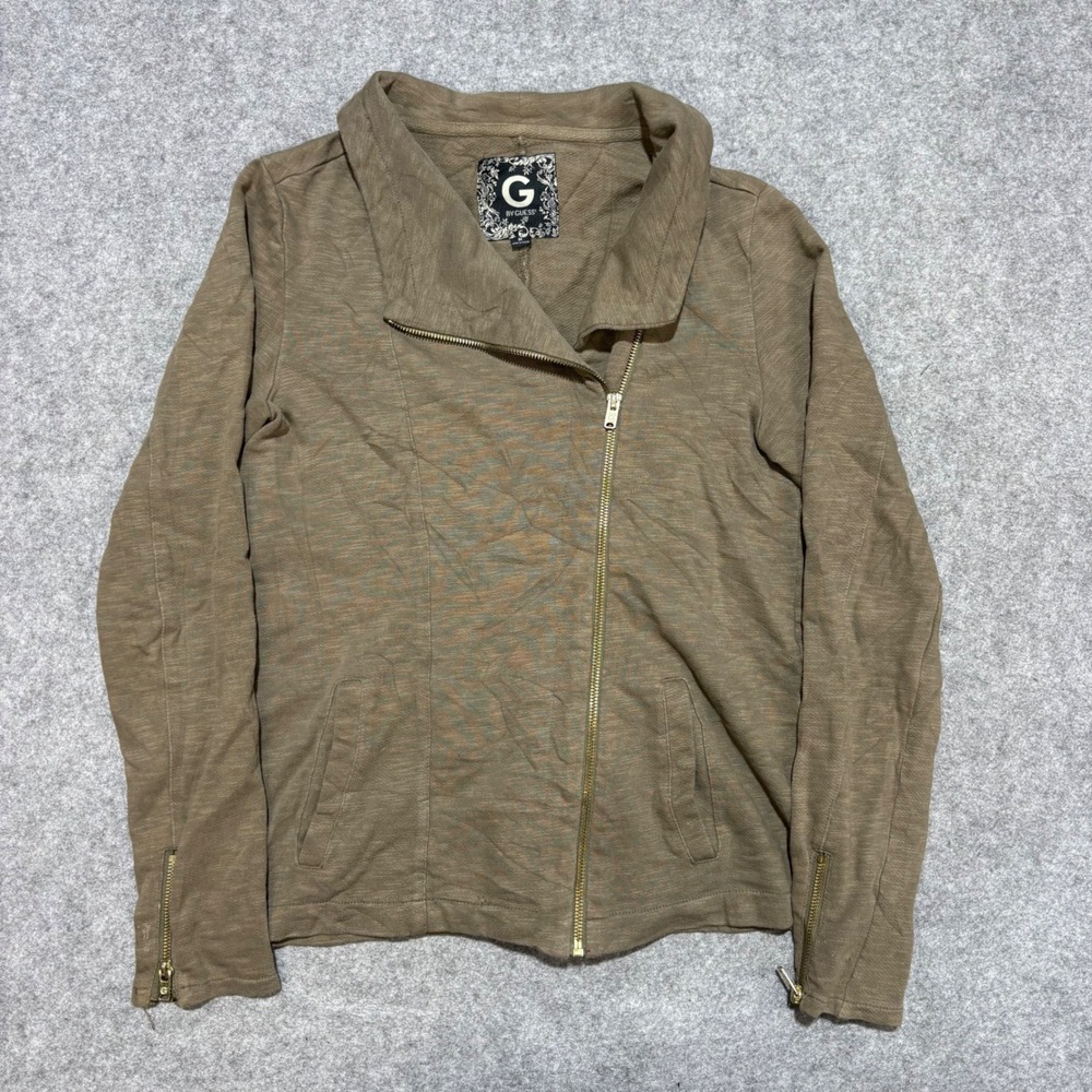 G by Guess Mens Asymmetrical Zip Moto Jacket Slub Knit Olive Drab Medium